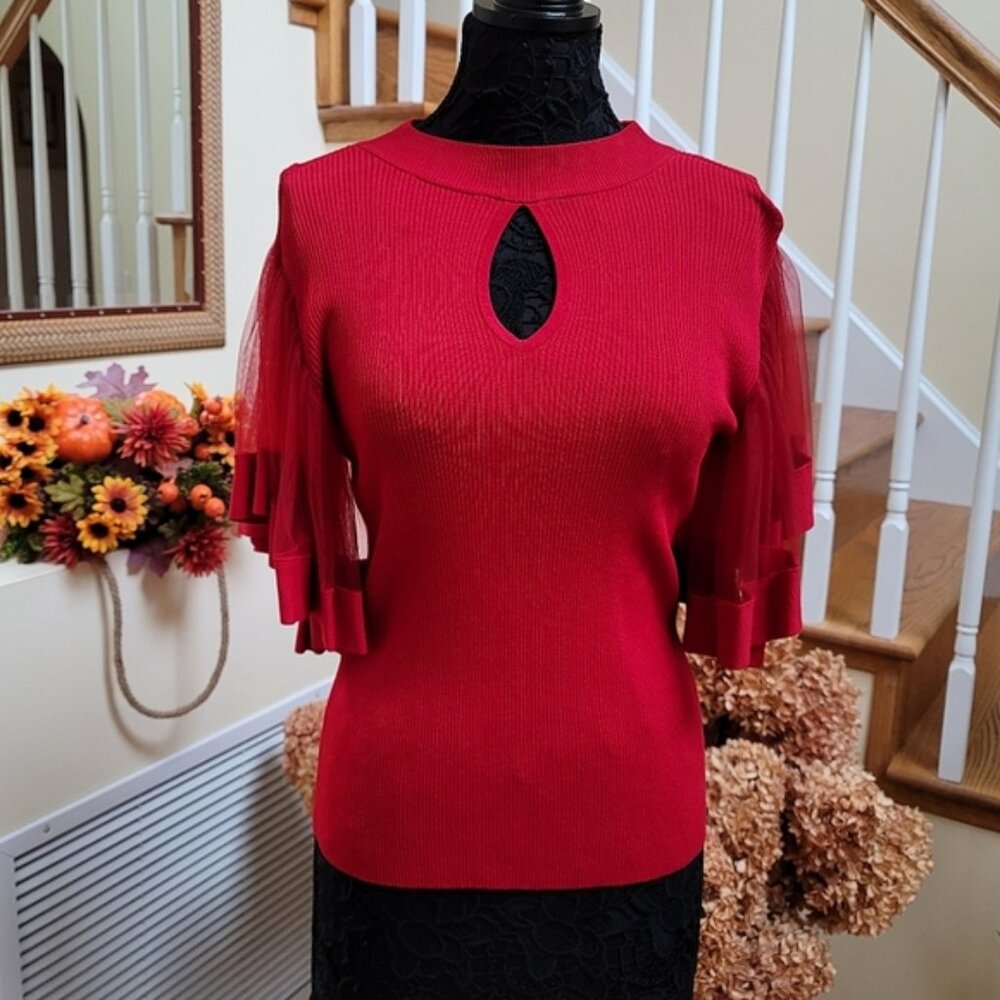 New York & Company 7th Avenue red blouse w/ keyhole and flared sleeves